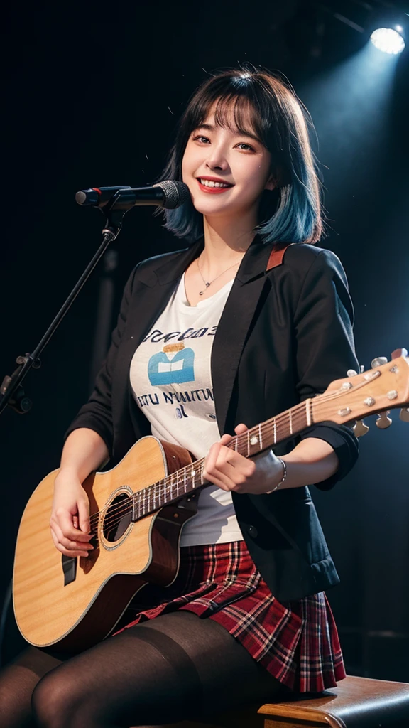 ((best quality)), photorealistic, photorealism, Photorealistic, high resolution, ((School girl blazer、 black t shirt、Red checked knee-length skirt、Long skirt、JK Style、Jacket、smile、Knee-high socks、Thigh-high socks、pantyhose))、smile、A superb beauty、Super cute、ennui、Rare beauty、Very Short hair、Sad、white skin、pale skin, Very short hair layered、Cute Smile、Fragrant beauty、Billboard background、Masterpiece、Best Quality、Refers to 5 books、Sweat glistening on my chest、Sweat glistening on my face、Large breasts、Blue hair、Age 20 years old、Mysterious look、A sad expression、Blue Hair、Glamorous concert stage、Enchanting lighting、Sweating profusely all over the body、A lot of sweat and light on the thighs、Shiny thighs、Plenty of sweat glistening on the thighs、A large amount of sweat glistens on my thighs、Sweating profusely、Gal、Large breasts、Beautiful face、Alluring expression、Sitting、Sitting playing guitar、Thick thighs、Playing guitar、I have a guitar、Sing a song enthusiastically、Playing guitar in a band、Rock band、Playing guitar chords、Live House Background、Sing a song、Open your mouth、Live house scenery、Mic stand、Glamorous live stage、Dynamic Angle、Cinematic lighting, Colorfull lighting
