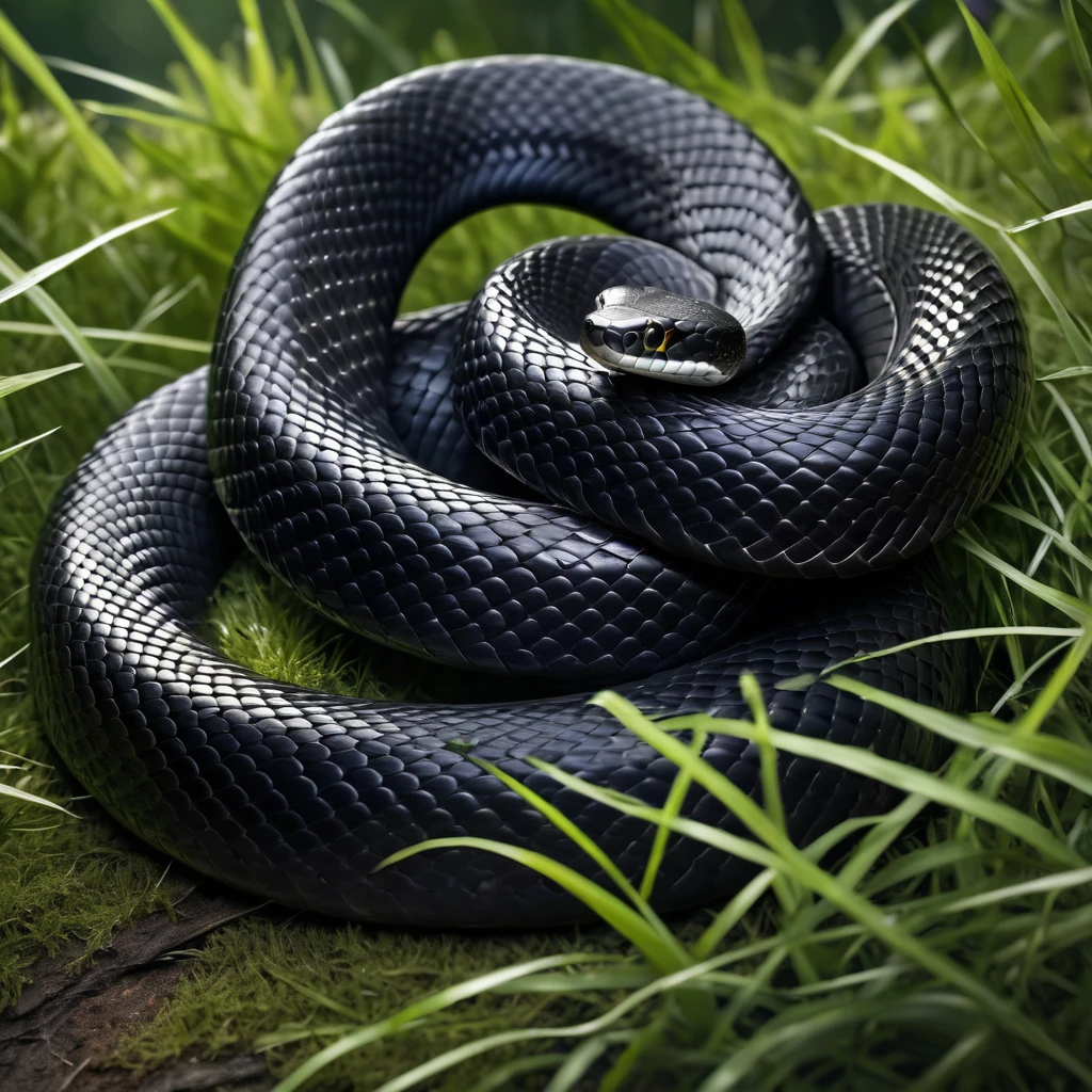 a black snake,highly detailed,hyper realistic,photorealistic,8k,best quality,detailed scales,sharp focus,shiny skin,sinuous body,coiled in grass,natural lighting,wildlife,forest background,vibrant colors