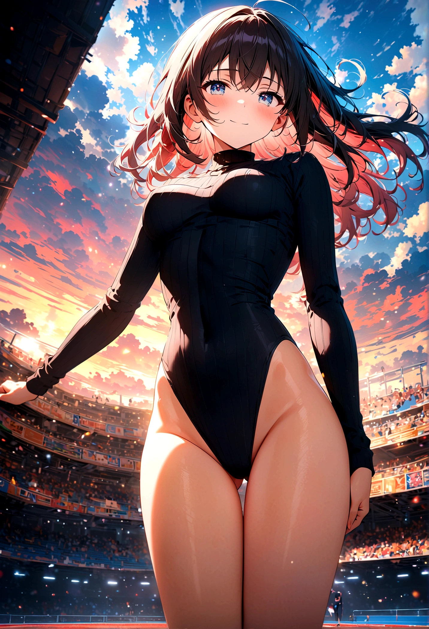 highquality illustration, masterpiece, very delicate and beautiful, attractive girl,(colorful leotard, heattech leotard,tight leotard,long_sleeve leotard,ribbed leotard,high_leg leotard,turtleneck leotard),gymnastics club,gymnastics athlete,bare legs,gymnasium background,beautiful eyes, light smile,(masterpiece, best quality:1.2), highres, extremely detailed CG unity 8k wallpaper, perfect lighting, Colourful, ultra-high res,4K,ultra-detailed, photography, 8K, HDR, 