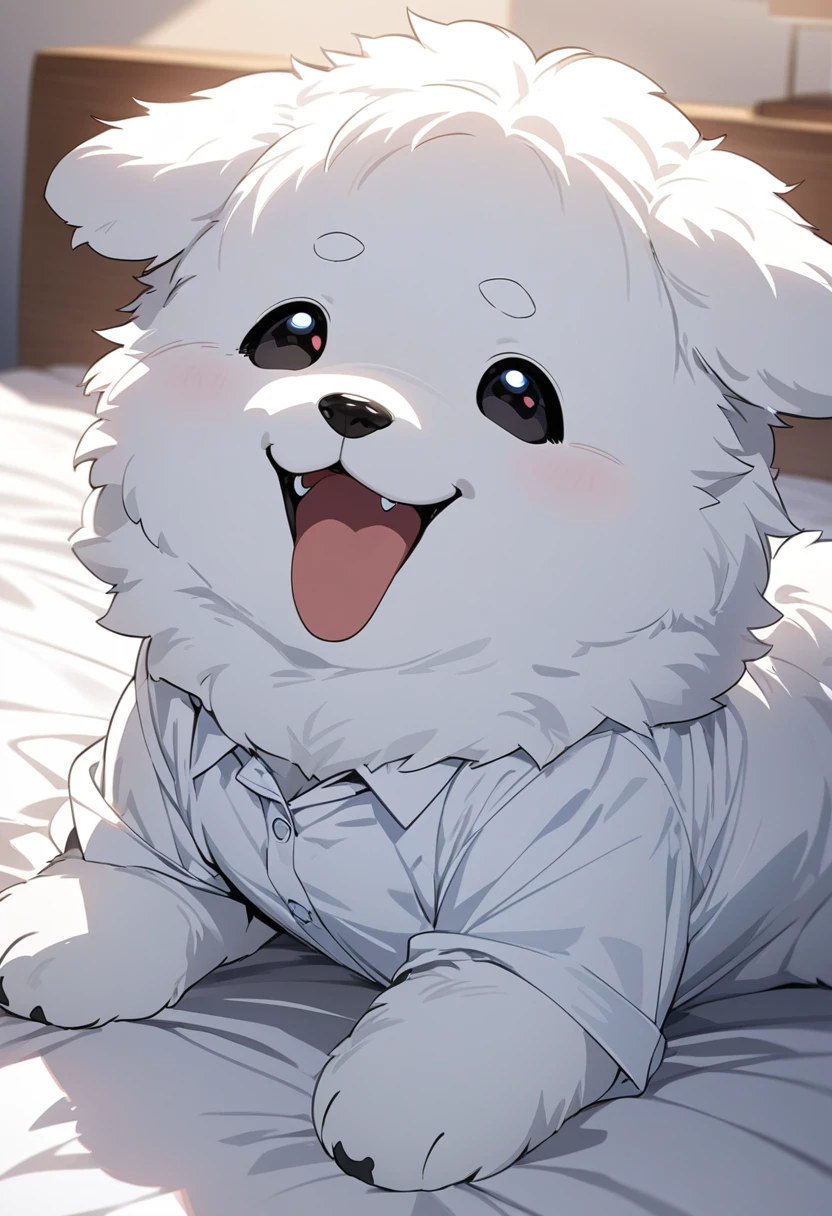 masterpiece, best quality, extremely detailed, anime,fluffy puppy , happy, (( white business shirt on bed,no human))