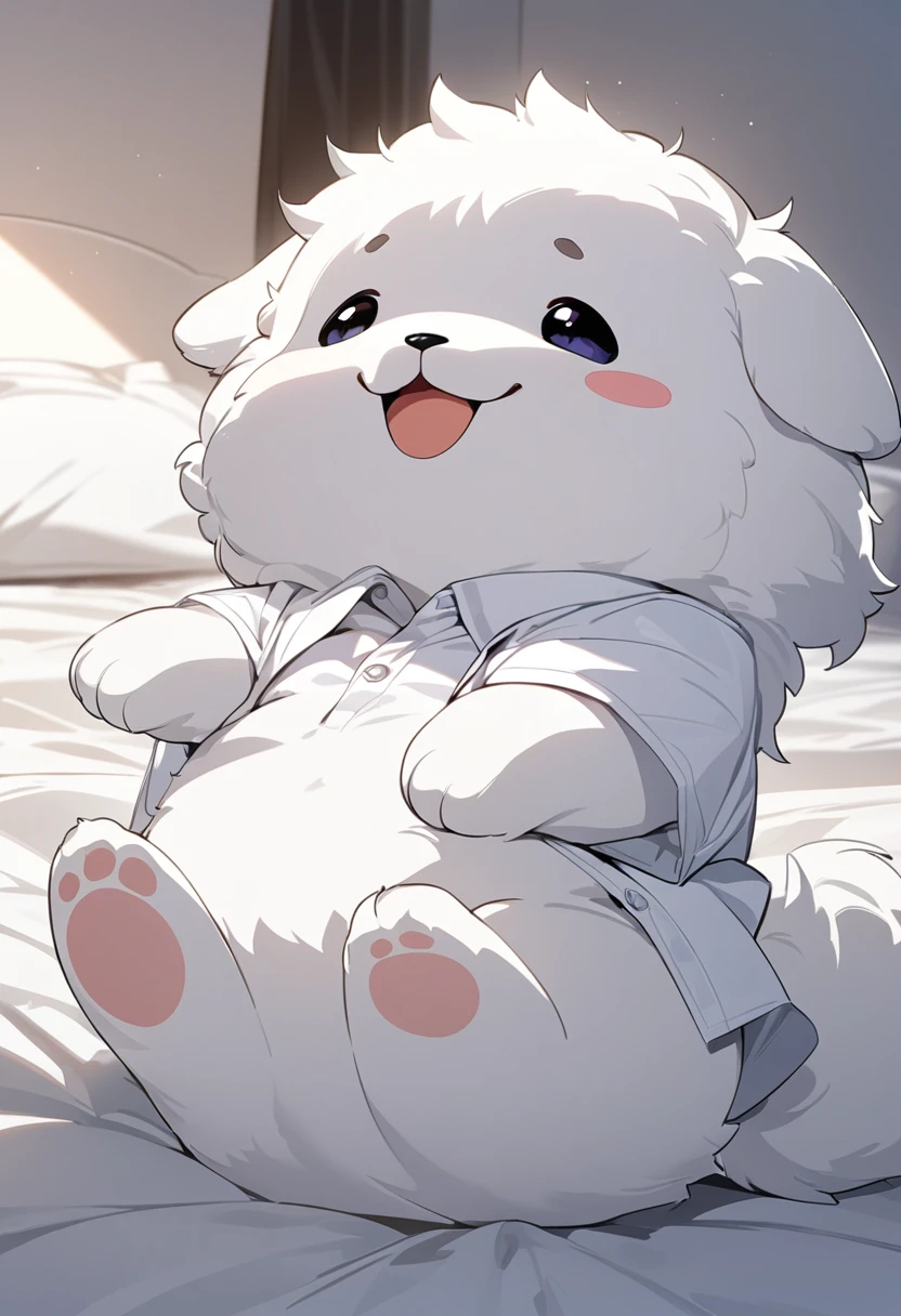 masterpiece, best quality, extremely detailed, anime,fluffy puppy , happy, (( white business shirt on bed,no human))