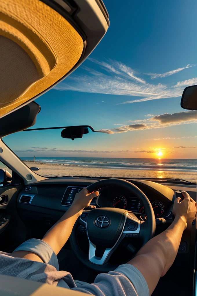 Sun set from beach from a Toyota full windshield and one hand on the steering wheel
