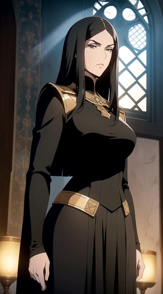 (One Person), (Masterpiece, Best Quality), (A Gorgeous 25 Years Old Female), (long straight black hair with fringe bangs above the eyebrows), (black Eyes), (Fair Skin), (Wearing women's black medieval clothing dress Outfit with and Corsets), (medieval castlevania City Road at Day), (Dynamic Pose), Centered, (Half Body Shot:1.4), From Front Shot, Insane Details, Intricate Face Detail, Intricate Hand Details, Cinematic Shot and Lighting, Realistic and Vibrant Colors, Masterpiece, Sharp Focus, Highly Detailed, Taken with DSLR camera, Depth of Field, Realistic Environment and Scene, Master Composition and Cinematography
