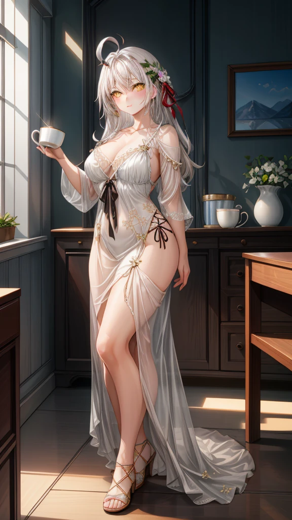 

(1girl), (masterpiece), (best quality), ((looking at the viewer)), ((full body)),((facing the viewer)), ((dress that shows off her figure)), ((White hair))

A young girl of dazzling beauty, with brown hair and yellow eyes as radiant as the sun, looks gracefully out the window upon awakening. Her figure is slender and elegant, adorned in a delicate and exquisite white silk nightgown adorned with lace that accentuates her perfect skin under the soft morning light. She holds a cup of tea gracefully, while the first rays of the sun illuminate her angelic face, reflecting an aura of serenity and tranquility.