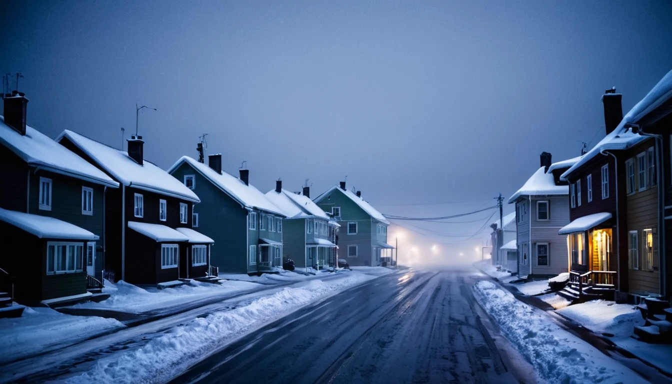 street with several, houses, blizzard, ominous night