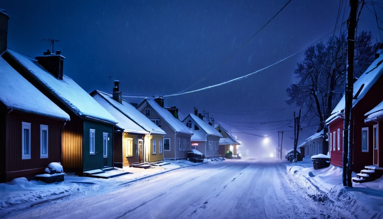street with several, houses, blizzard, ominous night