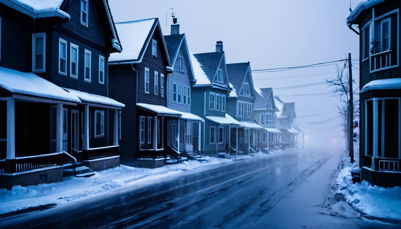 street with several, houses, blizzard, ominous night