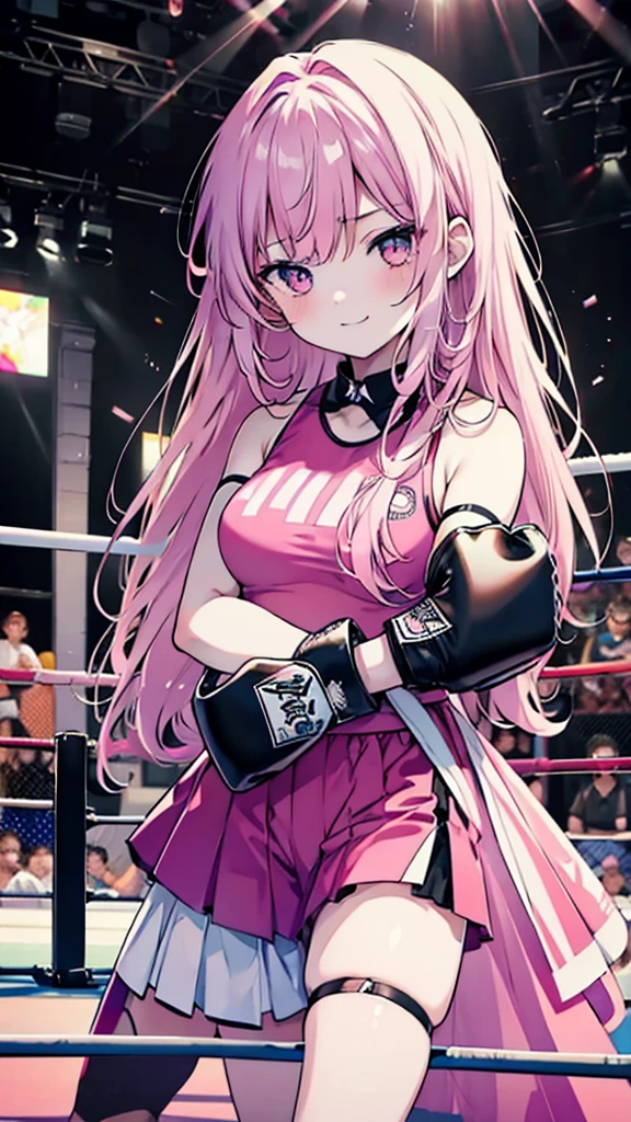 ((masterpiece)), disorganized, she is sadistic, pink long hair,beautiful white skin、 ((charming))、happy smile、perfect proportions、(((Kickboxing)))、(((Mixed wrestling))),  cute woman, , BREAK source_anime, high detail, looking at viewer,POV, Enraptured eyes, 10 yo., lchest, expressionless, best quality, highly detailed, young face, white background,Droopy eyes, Calm face,A relaxed face,she attacks, punching,frilly skirt