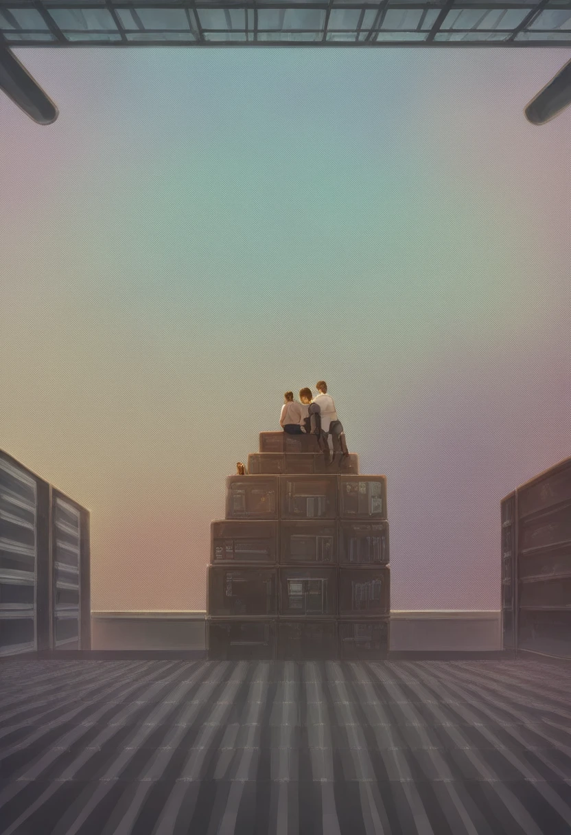 inside a luxury office building, tall columns, vaulted ceilings, spacious hall, modern high-tech interior style, space academy interior, behind the high arched windows there is a city with skyscrapers, spaceships fly across the sky, illustration, (((people are missing))), illustration для фона