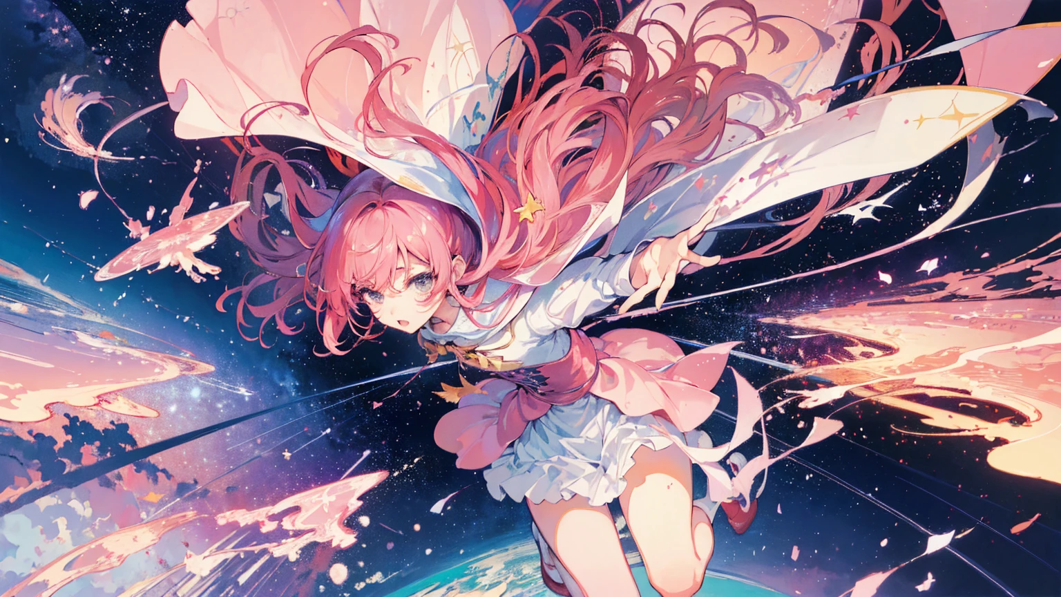 (masterpiece、Highest quality、Official Art:1.2)、Look at the viewers、(Girl))、(Jumper skirt)(Pink Hair)(Panty shot),Star Island、water fragments scatter、(mercury group),Colorful floating starry sky、(2D:1.5)