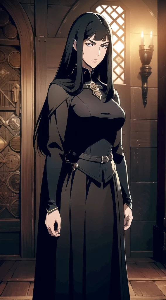 (One Person), (Masterpiece, Best Quality), (A Gorgeous 25 Years Old Female), (long straight black hair with fringe bangs above the eyebrows), (black Eyes), (Fair Skin), (Wearing women's black medieval clothing dress Outfit with and Corsets), (medieval castlevania City Road at Day), (Dynamic Pose), Centered, (Half Body Shot:1.4), From Front Shot, Insane Details, Intricate Face Detail, Intricate Hand Details, Cinematic Shot and Lighting, Realistic and Vibrant Colors, Masterpiece, Sharp Focus, Highly Detailed, Taken with DSLR camera, Depth of Field, Realistic Environment and Scene, Master Composition and Cinematography
