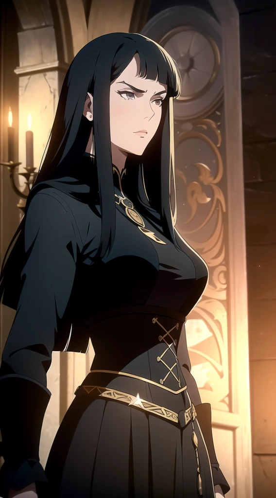 (One Person), (Masterpiece, Best Quality), (A Gorgeous 25 Years Old Female), (long straight black hair with fringe bangs above the eyebrows), (black Eyes), (Fair Skin), (Wearing women's black medieval clothing dress Outfit with and Corsets), (medieval castlevania City Road at Day), (Dynamic Pose), Centered, (Half Body Shot:1.4), From Front Shot, Insane Details, Intricate Face Detail, Intricate Hand Details, Cinematic Shot and Lighting, Realistic and Vibrant Colors, Masterpiece, Sharp Focus, Highly Detailed, Taken with DSLR camera, Depth of Field, Realistic Environment and Scene, Master Composition and Cinematography
