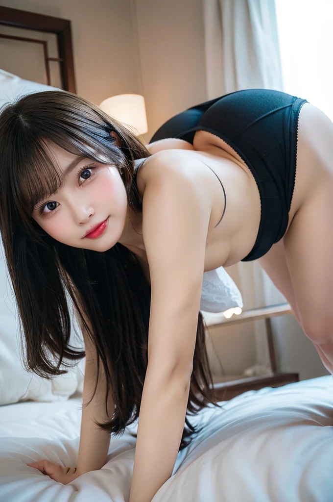 Browsing Caution、Big Tits 、Large Breasts、Sexy Underwear、(ass focus:1.5)、(all fours:1.5)、On all fours、double eyelid、Highest quality, Very detailed, Fine details, High resolution, 8K, Perfect dynamic composition, Beautiful details, ,Natural color lip, A shy smile,Beautiful 20 year old woman、The only person, Cute type、Long black hair、Glamorous Body、bed、Waistline