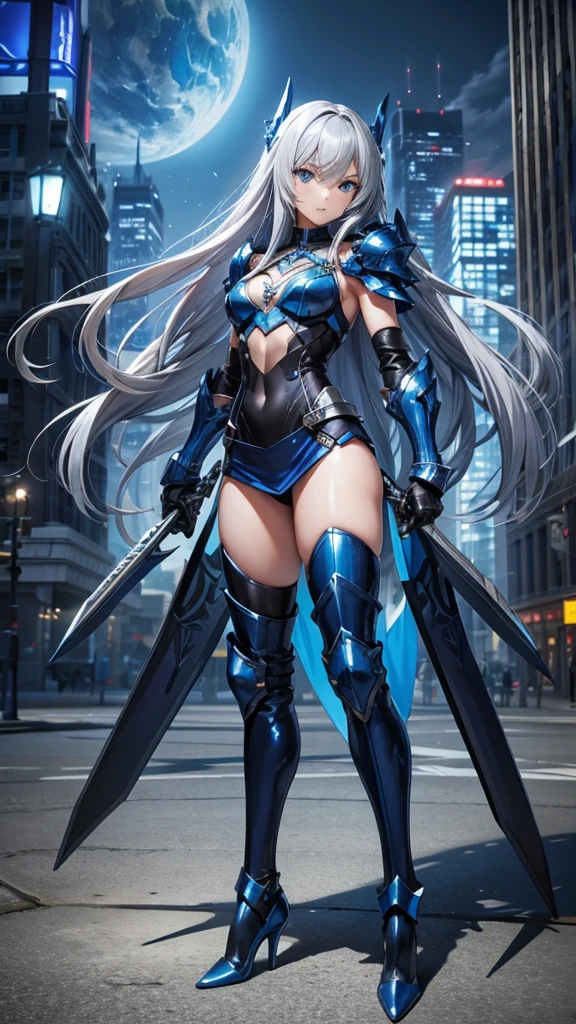 Silver long hair and flat chest，dark blue armor，Blue jumpsuit，Double swords，Mini skirt，Bare Legs，stockings，high heels，Big cities