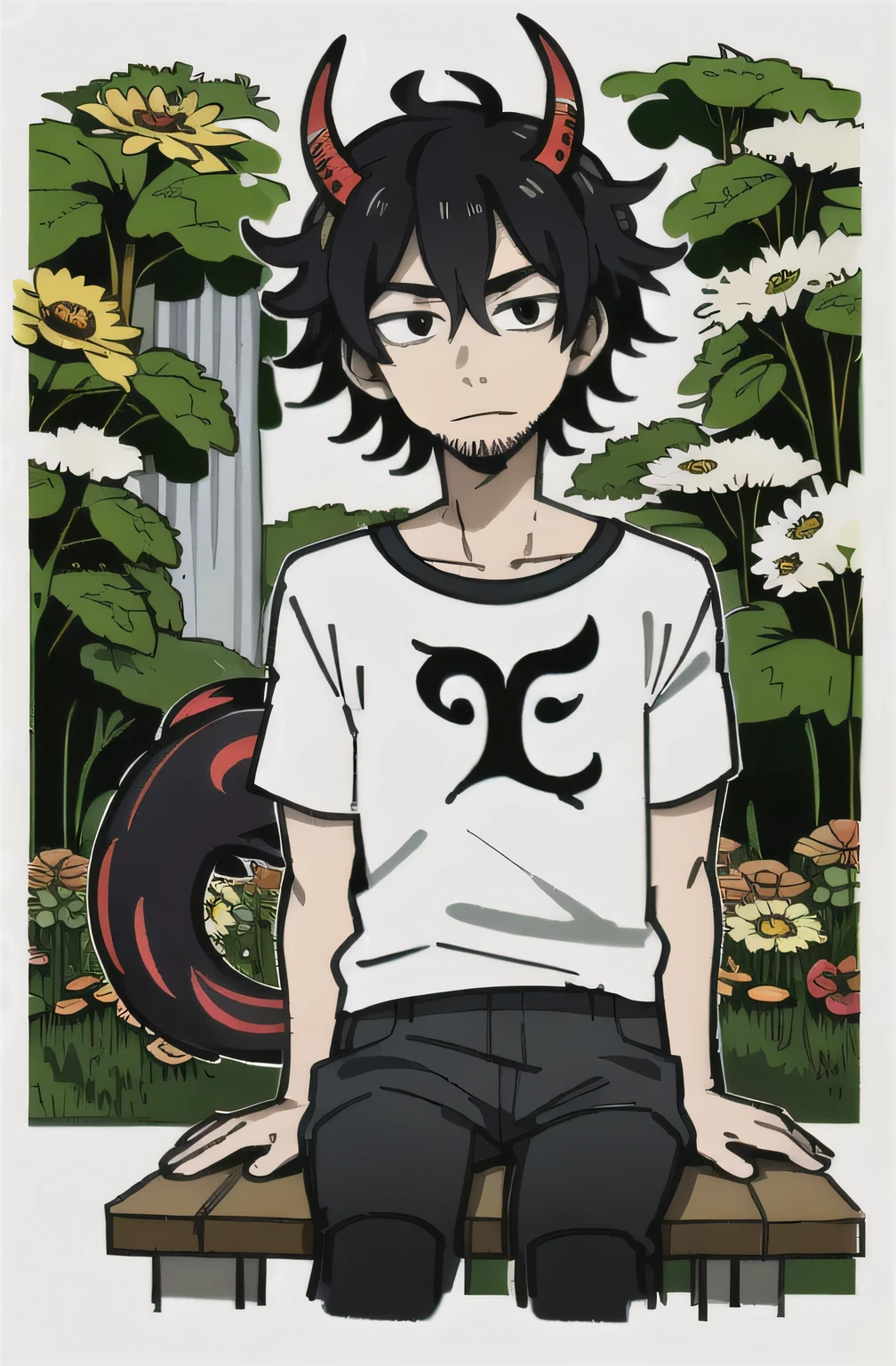 He has short black hair with blue tips.,green eyes,shirtless,dark blue almost black pants that reach to the ankles and then bandages starting from the ankles,and he has some kind of sandals,It's bold and angry