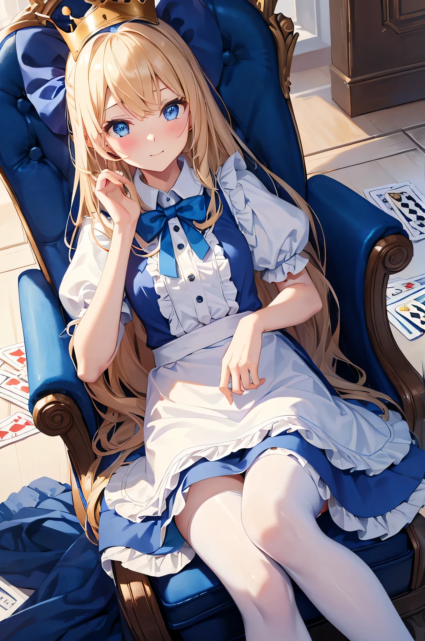 One Girl, alone, Long Hair, blue eyes, Blue aprondress、Alice in Wonderland、bionde, Crown, Sitting, pantyhose, dress, bow, card, apron, hair band, playing card, View your audience, Short sleeve, hair bow, blue hair band, smile, blush, Put your hands on your face, blue , Alice (Alice in wonderland), Hair between the eyes, Chair, black pantyhose, blue bow, throne, Puffy sleeves, Put your hand on your cheek, bangs, puffy Short sleeve, ribbon, very Long Hair, mini Crown, The legs are detached from the frame, Frills, white apron, :q, masterpiece, Highest quality, (((Please lift your skirt, White panties, Camel Toe))),
