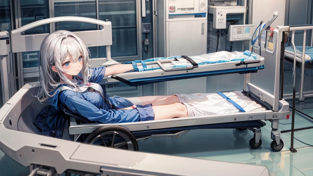 sad lady lying on hospital stretcher