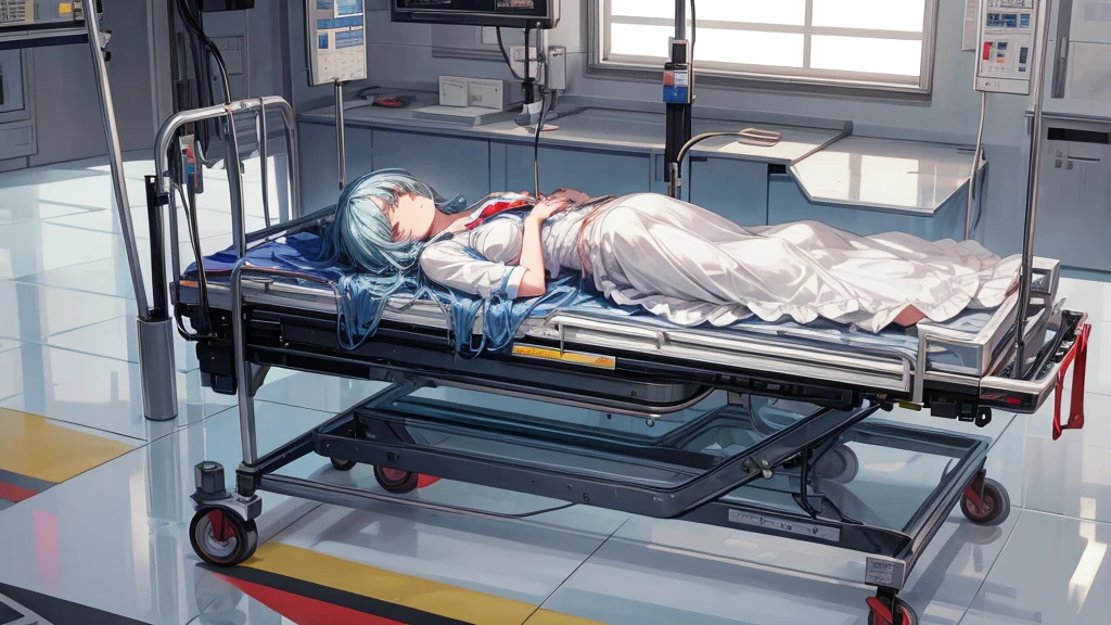 sad lady lying on hospital stretcher