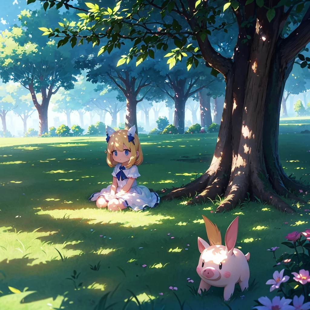 High-definition background, bright and beautiful atmosphere, 3 girls (2 years old, (1 short-tempered round face), (1 child)) (hair, surface effect), color effect), small breasts, blonde hair, wearing a white dress A girl sitting on the lawn, under a large tree, in the shade of the tree, a mini pig sitting on the girl's shoulder, many mini pigs playing in the shade of the tree, deltamon_sdXL:0.73) >Deltamon negative prompt