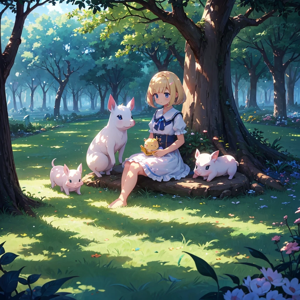 High-definition background, bright and beautiful atmosphere, 3 girls (, (1 short-tempered round face), (1 child)) (haurface effect), color effect), small breasts, blonde earing a white dress A girl sitting on the lawn, under a large tree, in the shade of the tree, a mini pig sitting on the girl's shoulder, many mini pigs playing in the shade of the tree, deltamon_sdXL:0.73) >Deltamon negative prompt