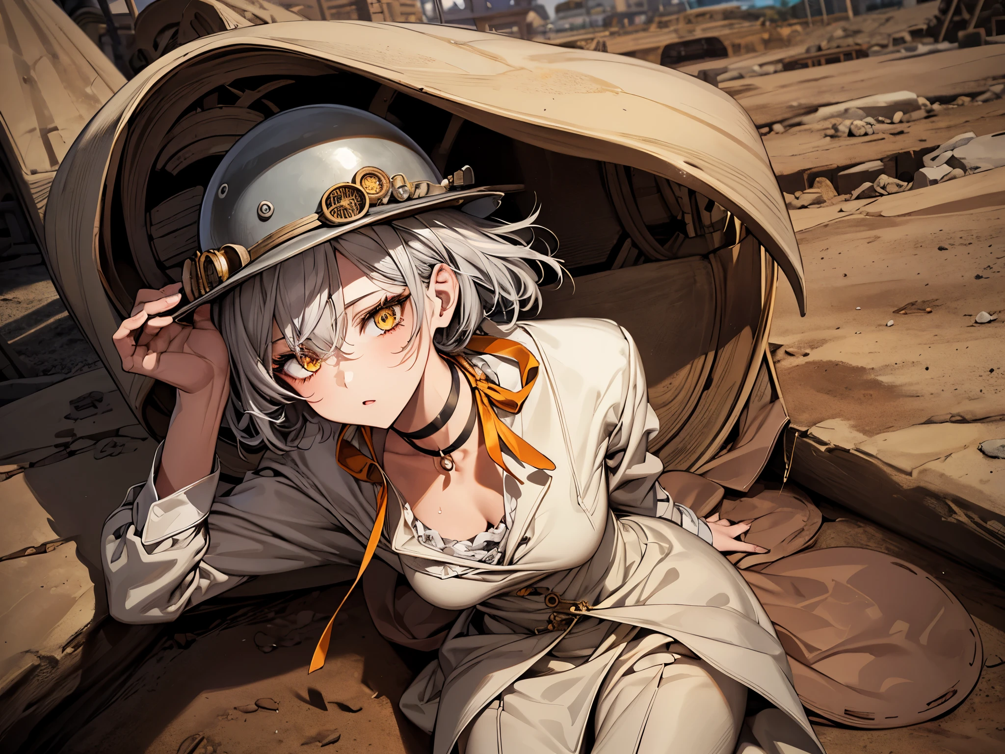 masterpiece, Highest quality, Perfect Face, Highest Resolution, Highest quality,Detailed depiction of the eyes, 1 girl, young, slender body, Short, deep tan skin, slate gray hair, short hair, upturned eyes, Yellow Orange eyes, Perfect Anatomy, steampunk, ribbon choker, helmet, Work clothes, mine, pit road, Excavation, is investigating