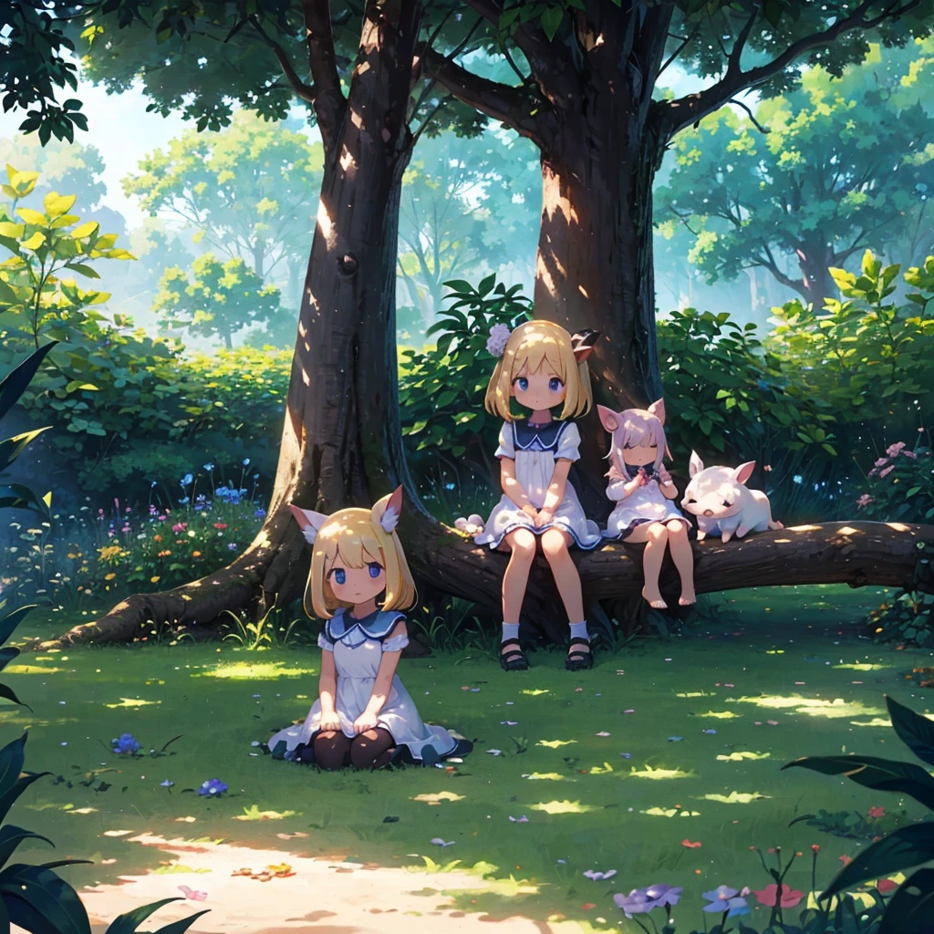 High-definition background, bright and beautiful atmosphere, 3 girls (2 years old, (1 short-tempered round face), (1 child)) (hair, surface effect), color effect), small breasts, blonde hair, wearing a white dress A girl sitting on the lawn, under a large tree, in the shade of the tree, a mini pig sitting on the girl's shoulder, many mini pigs playing in the shade of the tree, deltamon_sdXL:0.73) >Deltamon negative prompt