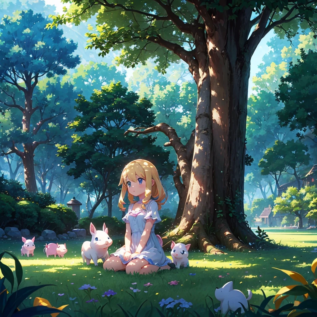 High-definition background, bright and beautiful atmosphere, 3 girls (2 years old, (1 short-tempered round face), (1 child)) (hair, surface effect), color effect), small breasts, blonde hair, wearing a white dress A girl sitting on the lawn, under a large tree, in the shade of the tree, a mini pig sitting on the girl's shoulder, many mini pigs playing in the shade of the tree, deltamon_sdXL:0.73) >Deltamon negative prompt
