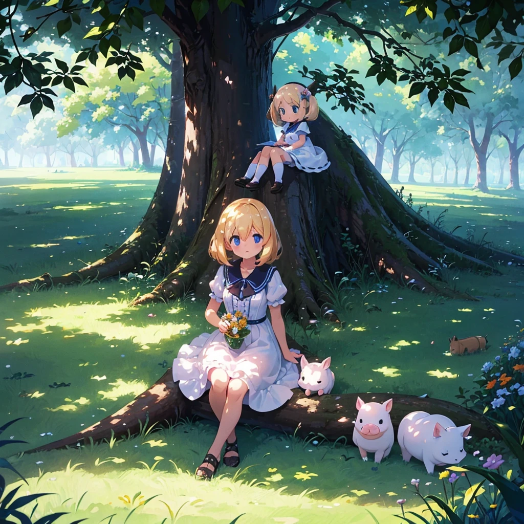 High-definition background, bright and beautiful atmosphere, 3 girls (2 years old, (1 short-tempered round face), (1 child)) (hair, surface effect), color effect), small breasts, blonde hair, wearing a white dress A girl sitting on the lawn, under a large tree, in the shade of the tree, a mini pig sitting on the girl's shoulder, many mini pigs playing in the shade of the tree, deltamon_sdXL:0.73) >Deltamon negative prompt