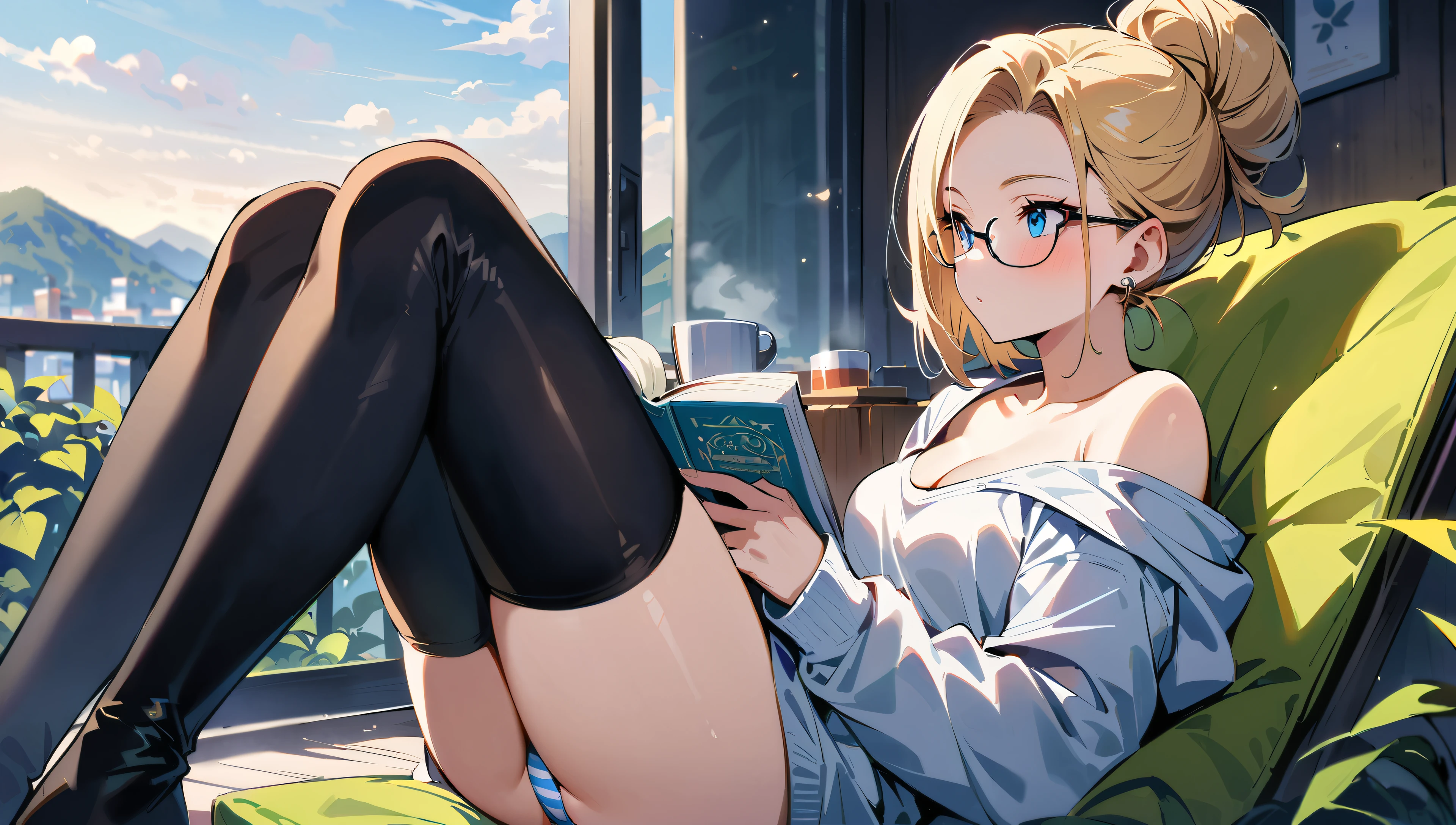 (masterpiece, best quality:1.2), solo, Android 18 from Dragon Ball, ((light gray hooded sweatshirt, Oversized hooded sweatshirt, long sleeve, black thin thigh highs, stripe gray , knees up, beautiful , thighs)), small , blonde hair, (single hair bun), ((blue eyes)), (wearing glasses), earrings on earlobes, slender feminine figure, skinny body, (reading a book), , off shoulder, light blush, chill, hot coffee, organized, simple, white-based interior, a few plants, cloudy sky, terrace, magnificent view, blur background, 4K, on the cute chair, (pale blue chair),