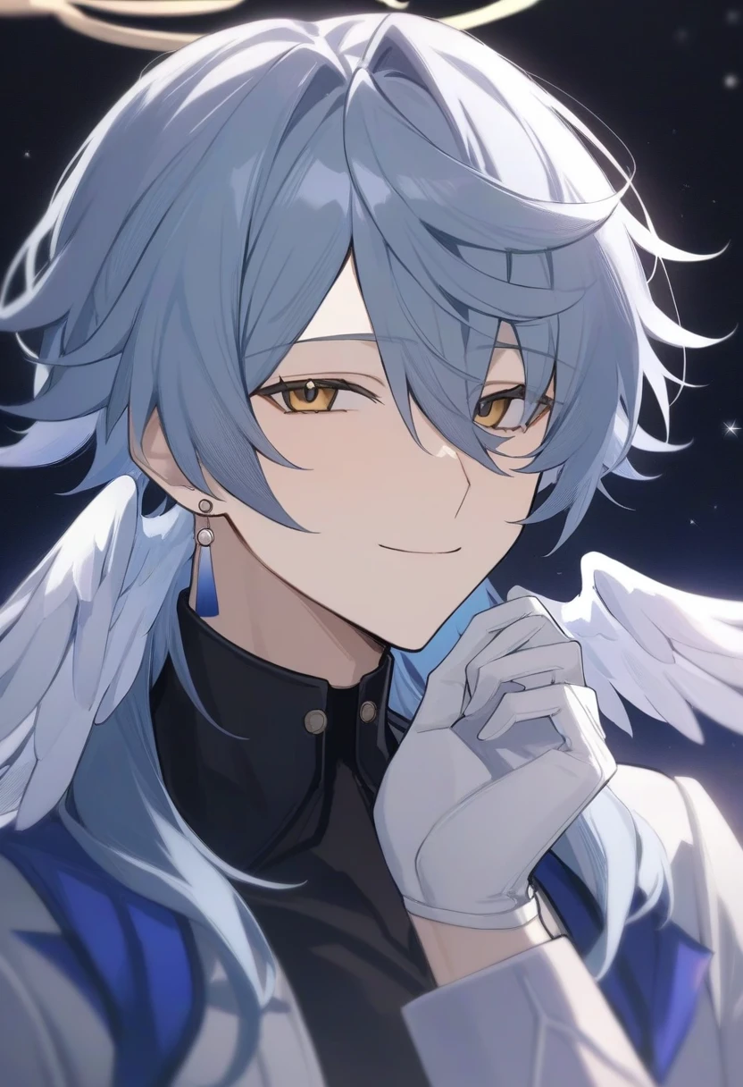 masterpiece,best quality,sunday_(honkai:_star_rail), black_shirt, sidelocks, white_wings, smile, looking_at_viewer, gloves, closed_mouth, solo, hand_up, shirt, head_wings, long_sleeves, jewelry, white_gloves, jacket, eyelashes, simple_background, halo, wings, white_background, feathered_wings, 1boy, upper_body, male_focus, earrings, star night background