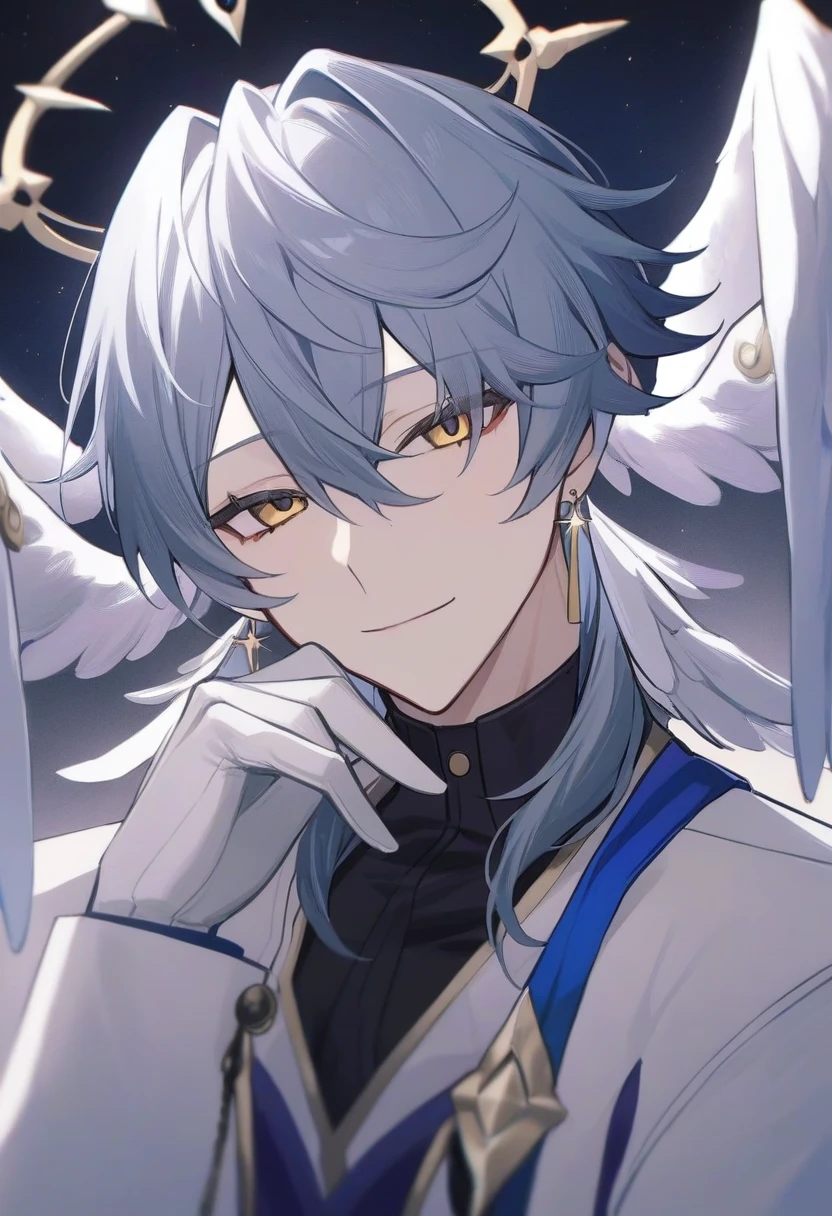 masterpiece,best quality,sunday_(honkai:_star_rail), black_shirt, sidelocks, white_wings, smile, looking_at_viewer, gloves, closed_mouth, solo, hand_up, shirt, head_wings, long_sleeves, jewelry, white_gloves, jacket, eyelashes, simple_background, halo, wings, white_background, feathered_wings, 1boy, upper_body, male_focus, earrings, star night background