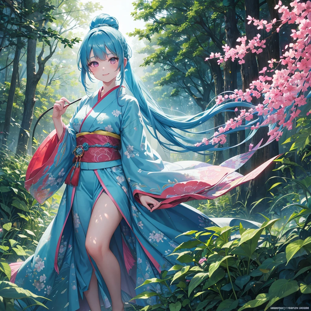 sky Blue hair, (braided ponytail),(pink eyes),fair skin ,(full body),1 girl,happy smile,RED kimono,Fresh green forest,Forest Goddess,Straight Bangs,(masterpiece, best quality, ultra-detailed, best shadow), (detailed background), (beautiful detailed face), high contrast, (best illumination, an extremely delicate and beautiful), ((cinematic light)), colorful, hyper detail, dramatic light, intricate details,guardian of the forest,Leaf Blizzard,