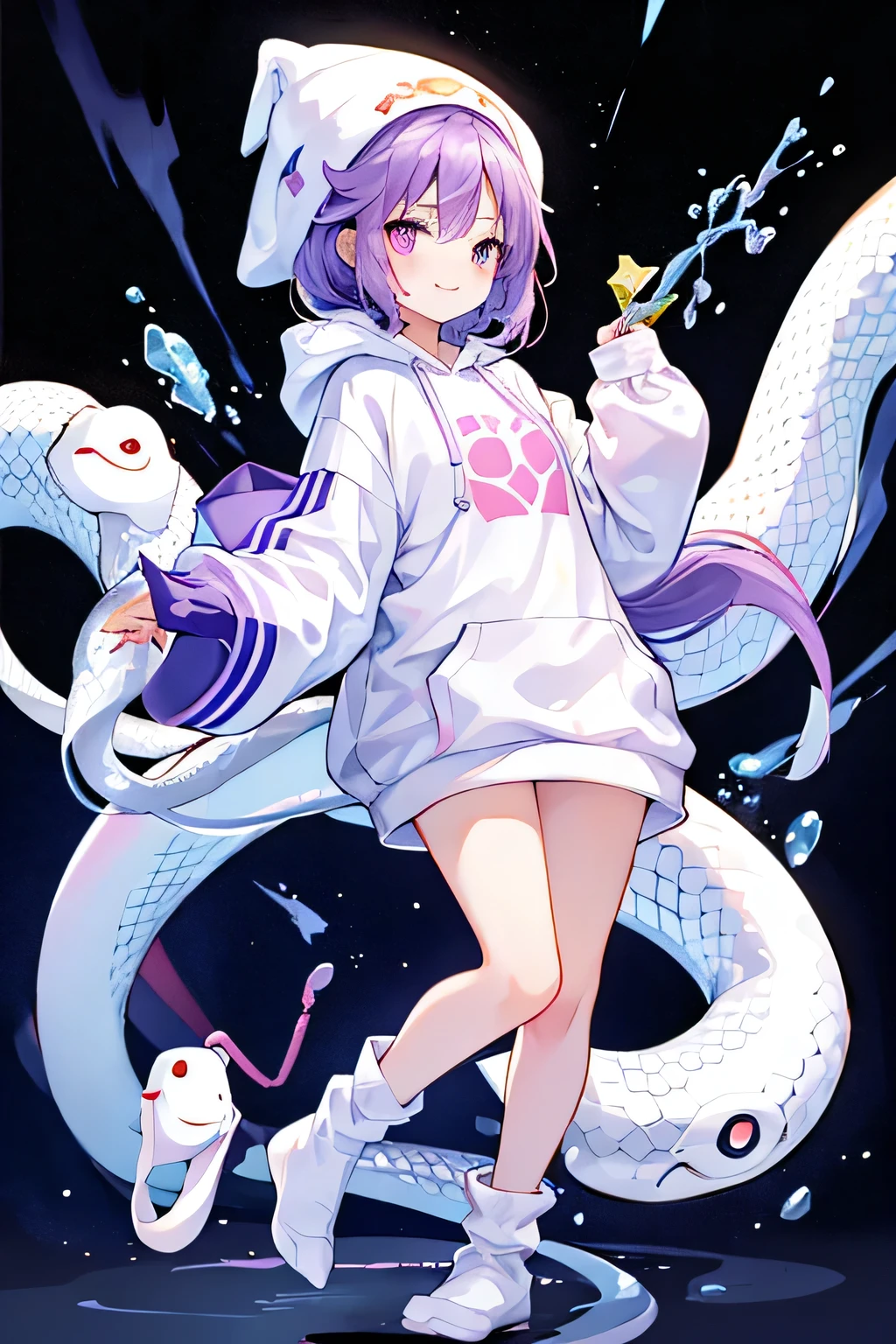 Only white background、snake charmer、Wearing a snake costume、smile、The cutest in the world、Purple Hair、Photograph your whole body from the front、Knee-high socks、Looking up、Standing pose、Covers from head to toe！、Snake 、Take a full-body photo！！！The camera is in front、Carefully crafted down to the last detail、Especially the face is drawn cutely.、Put your whole body into it、Snake print clothing、Make sure to include the toes、Put your whole body into itStanding pose、Snake entangled