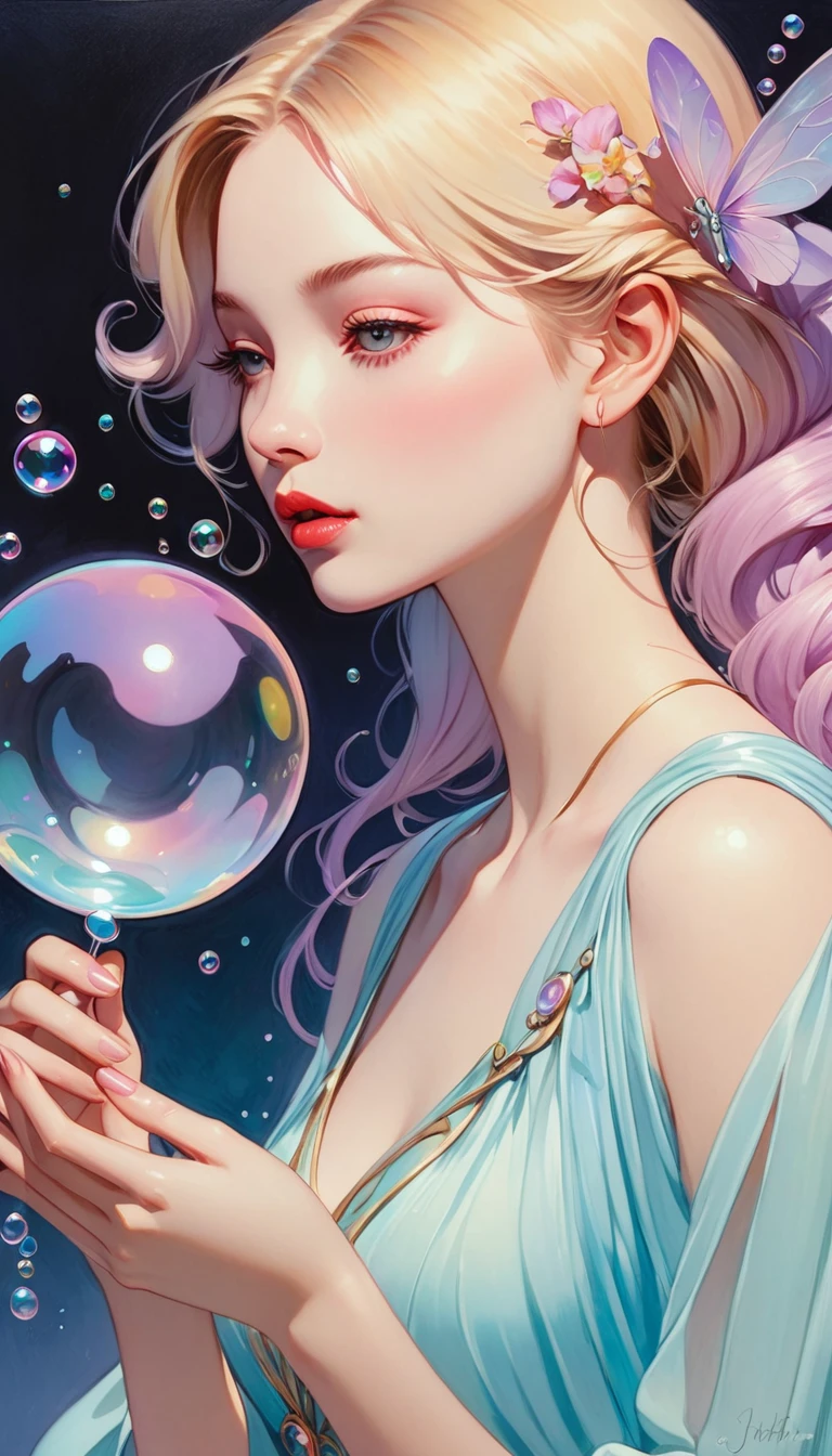 A painting of a woman in a dress blowing bubbles, Roysh and Wow, Mysterious Bubbles, Moebius + Roysh + Wow, Dreamy details, intricate Wow, A close-up fantasy using the magic of water, fairy tale artwork, Fairy tale painting, Anna Dittmann style, Wow art, Realistic fantasy painting, Artgerm Julie Bell Beeple