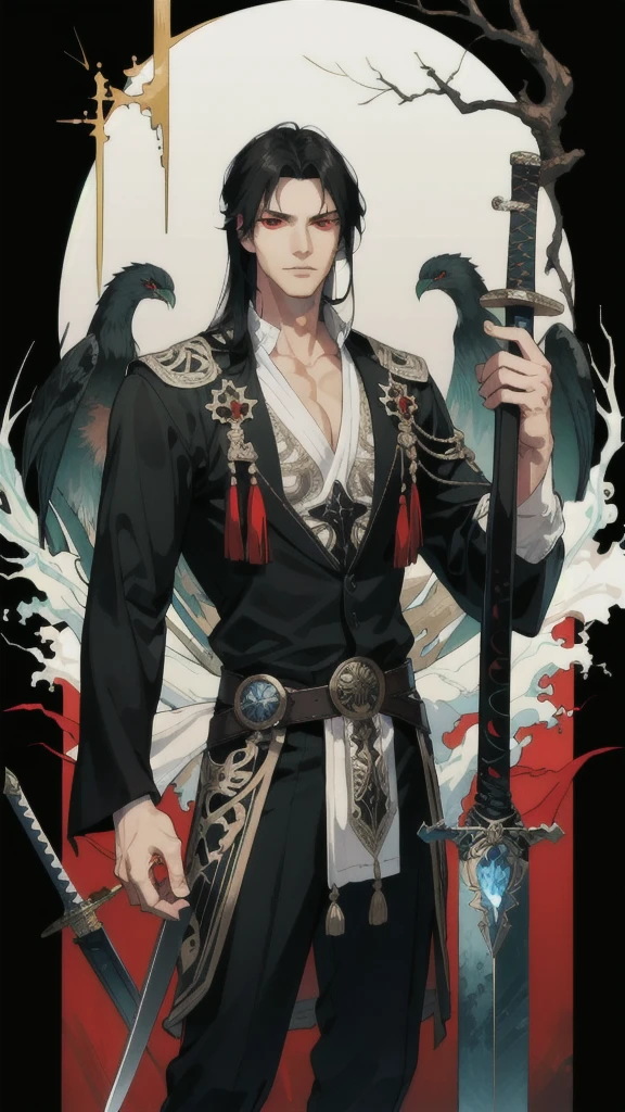 masterpiece, best quality, 1 male, adult, tall muscular, handsome, finely detailed eyes, intricate details, long black hair, red eyes, handle a sword, ruinscape background, enchanted forest ruins