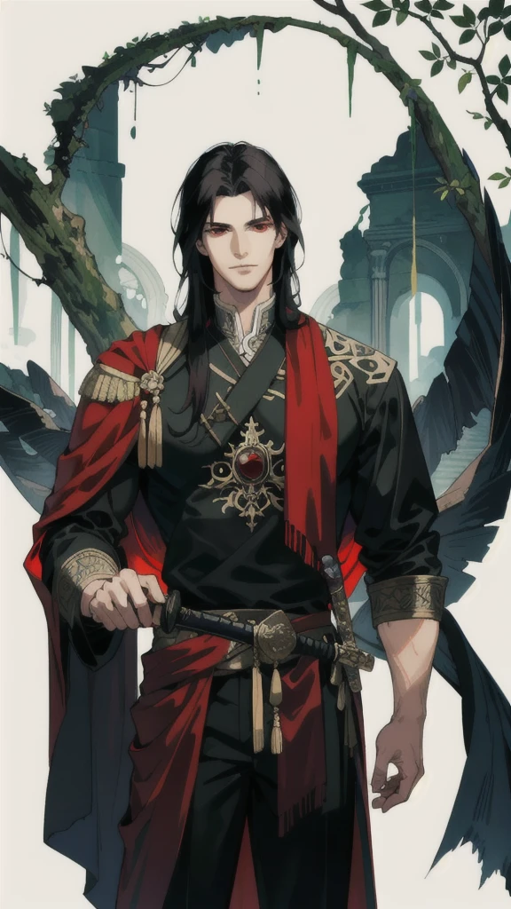 masterpiece, best quality, 1 male, adult, tall muscular, handsome, finely detailed eyes, intricate details, long black hair, red eyes, handle a sword, ruinscape background, enchanted forest ruins