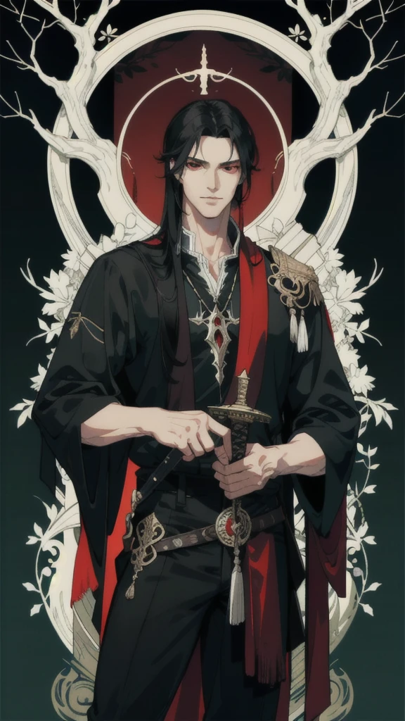 masterpiece, best quality, 1 male, adult, tall muscular, handsome, finely detailed eyes, intricate details, long black hair, red eyes, handle a sword, ruinscape background, enchanted forest ruins