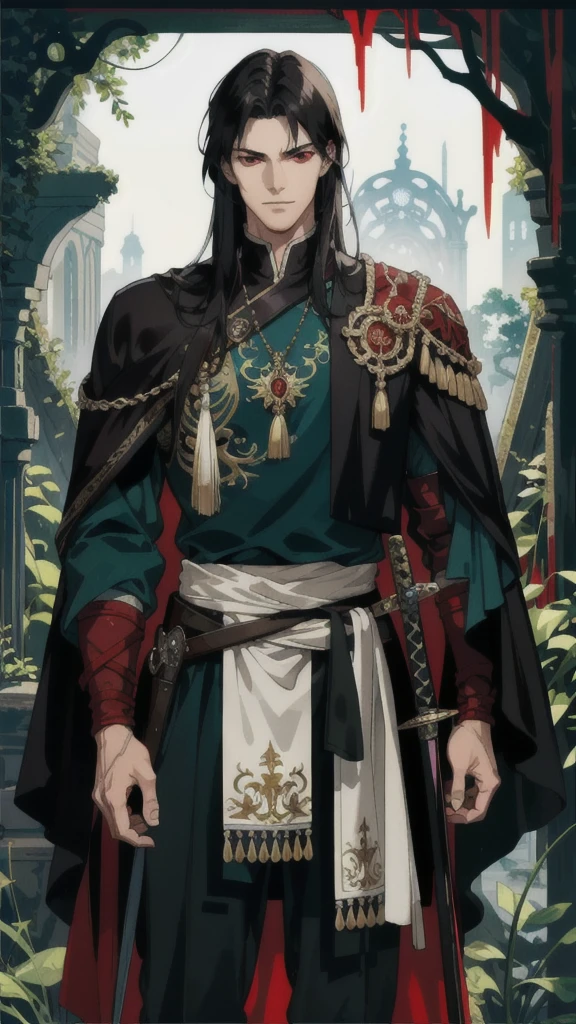 masterpiece, best quality, 1 male, adult, tall muscular, handsome, finely detailed eyes, intricate details, long black hair, red eyes, handle a sword, ruinscape background, enchanted forest ruins