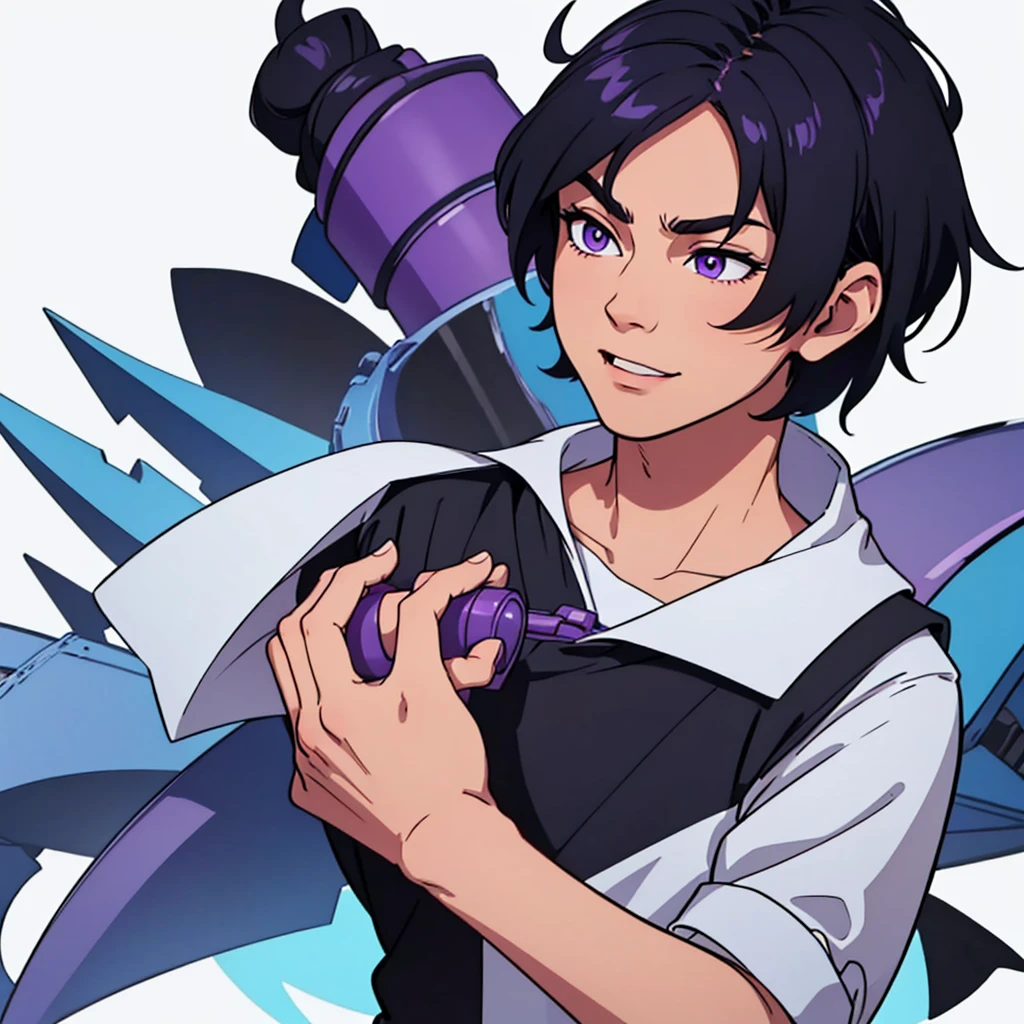 full face visible, looking towards camera, looking forward, short black hair, highres, high resolution, masterpiece, wide purple eyes, talking, neutral face, confident, masterpiece, best quality, highres, 1 man, 1 person, 1 entity, Baro Shoei blue lock, extremely short hair, black hair, short hair, ager, colorful hair, light background, full body, teen, colorful parts, symbols, dark , bold, realistic mixing dark lines and loose lines, bold lines, on paper, human man, full body, imposing pose, stylish outfit, dark theme, handsome, attractive, boastful, standing, male, sharp chin, wide jaw, square face, white background, highres, high resolution, masterpiece, talking, speaking, mouth open, laughing, laughing a lot, eyes closed, eyes shut, eyes gone
