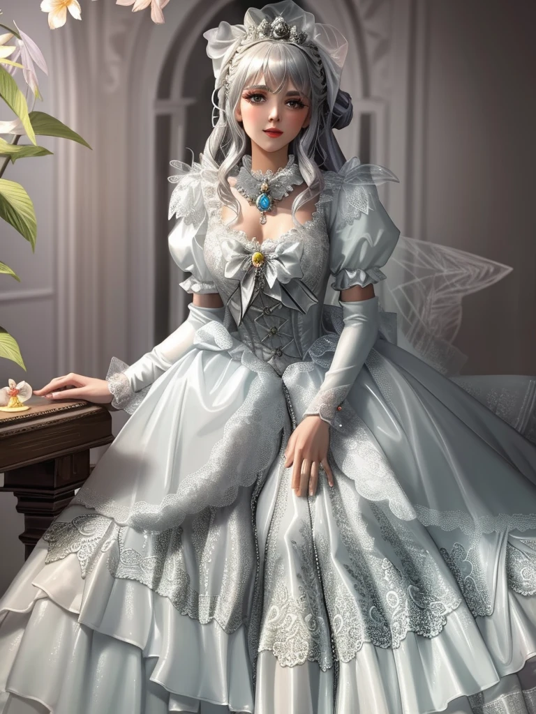 Close up portrait of woman in silver satin dress and white satin gloves, rococo dress, rococo queen, Victorian silver dress, rococo ruffles dress, dress in the style of rococo, fantasy dress, ****ta style, ethereal fairy tale, Icy Silver Dress, victorian dress, ****ta Fashion, magical dress, Full dress, fairycore, Belle Delphine