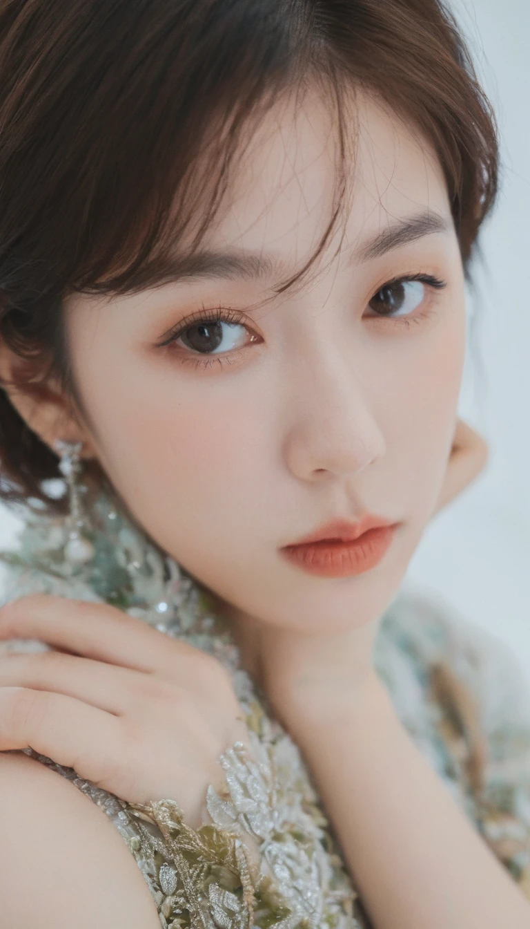 xxmixgirl, Analog Style, Eye focus, Highest quality, (Very detailed skin), Exquisitely beautiful white skin photos, 21 years old, Perfect Face, Captivating eyes, (Seductive makeup: 1.3), Skin pores, (Bokeh:1.5), Sharp focus, Dappled Lighting, (Backlight), White Fashion、Film Grain, (Very detailed, Exquisitely crafted), 8K, High resolution, Front view, Studio Light, Very detailed顔, Fine grain, (double eyelid: 1.4), Aristogle, Brown eyes, (commercial: 1.6), Short hair swaying in the wind, Beautiful brown hair,Medium Hair、bangs、 (Seductive makeup), ((White studio background: 2))