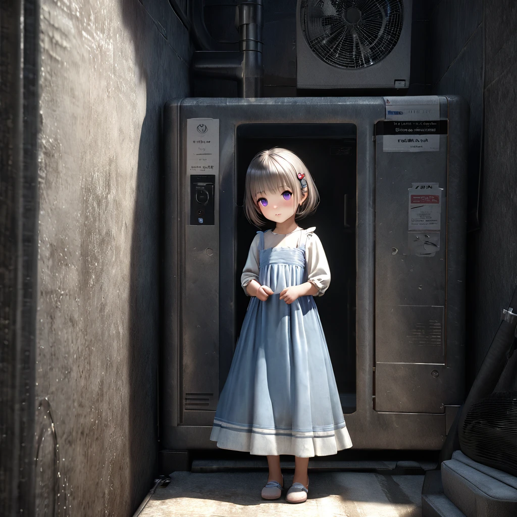 masterpiece, Highest quality, Very detailed, High resolution, An expensive solution, High resolution, 4K, 8K, ユニティ 8K 壁紙, Very detailed CG, masterpiece, Realistic, 2D, 3d, Beautiful details, depth, Fine texture, Super quality: 1.3, Fully focused, Crispy.skin, .he, Very cute anime girl about 3 years old, Expensive silver short hair, Girl about 3 years old, alone, pretty blue dress, blush, Mole, Part your lips, hair ornaments, heart, Purple eyes、Hold a condom in your mouth、A defiant smile、Lifting her skirt, a dark alley、Sit on the air conditioner&#39;s outdoor unit