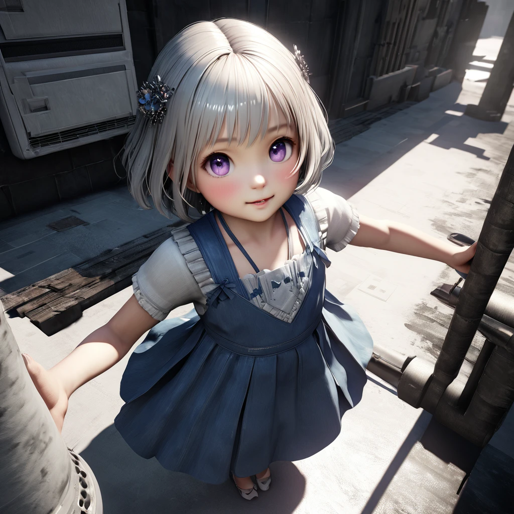 masterpiece, Highest quality, Very detailed, High resolution, An expensive solution, High resolution, 4K, 8K, ユニティ 8K 壁紙, Very detailed CG, masterpiece, Realistic, 2D, 3d, Beautiful details, depth, Fine texture, Super quality: 1.3, Fully focused, Crispy.skin, .he, Very cute anime girl about , Expensive silver short hair, Girl about 3 years oldetty blue dress, blush, Mole, Part your lips, hair ornaments, heart, Purple eyes、Hold a condom in your mouth、A defiant smile、Lifting her skirt, a dark alley、Sit on the air conditioner's outdoor unit