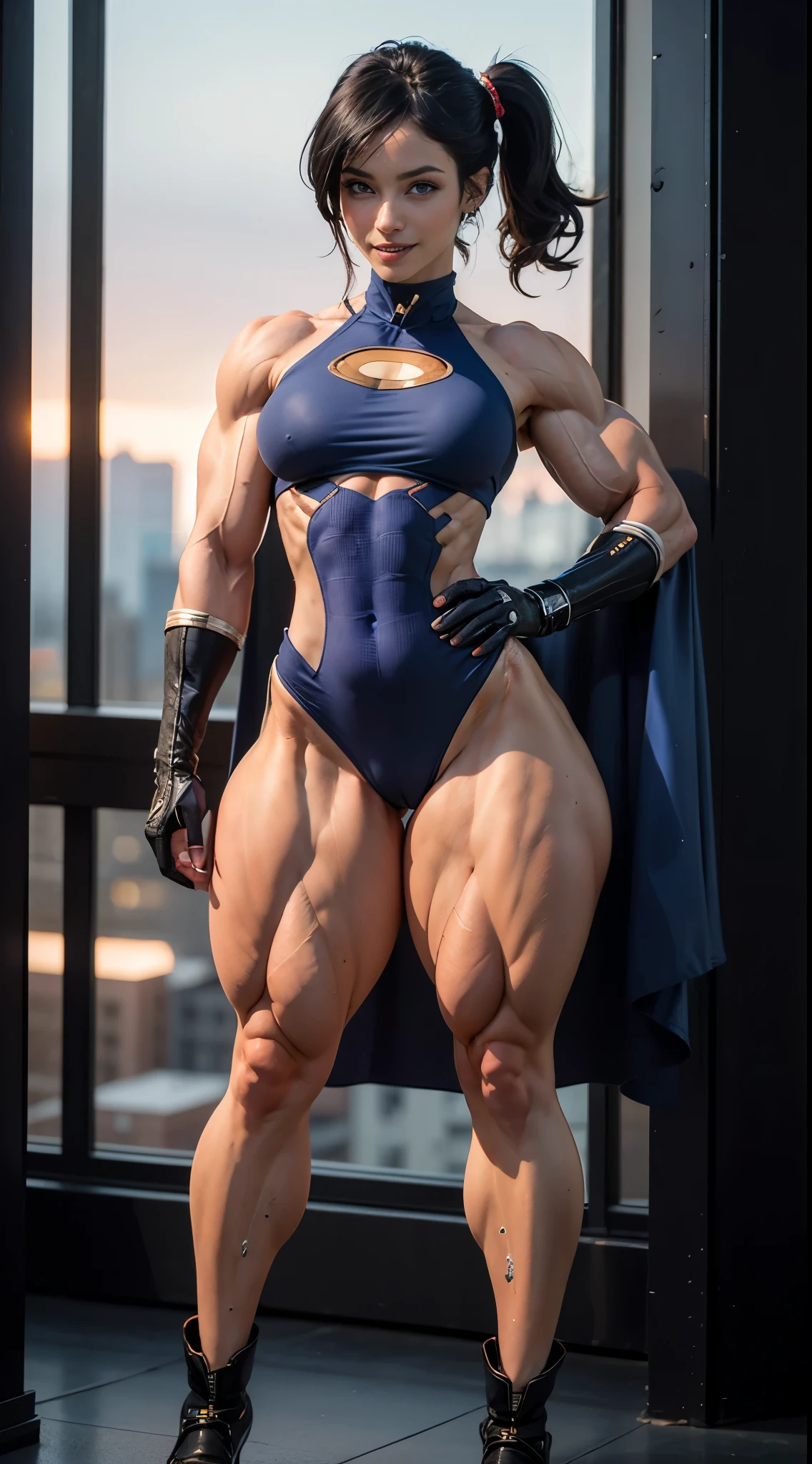 (Muscular:2), (thick muscular thighs, wide hips:2.3), (thick muscular calves:2.5), (female, blue eyes, black hair:1.5), adult, earrings, eyeshadow, lipstick, bokeh, (freckles:0.9), (full body view:1.4), (striations), (hard :1.2), (perky breasts:1.4), (superhero romper, long gloves, small cape, abs window:1.5), (sculped muscles:1.7), (athletic body:1.5), (muscular body:2), (looking at viewer), (smiley:1.5), detailed eyes, rooftop, (dawn lighting), rim lighting, two tone lighting, dimly lit, clean skin, low key (DETAILED SKIN), (round ass:1)