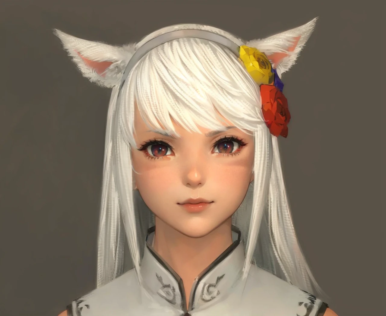 Catgirl, white hair, red lips, (((cat eye pupil))), two horizontal face clan marks, studio rim lighting, gentle smile, (((kawaiii)))