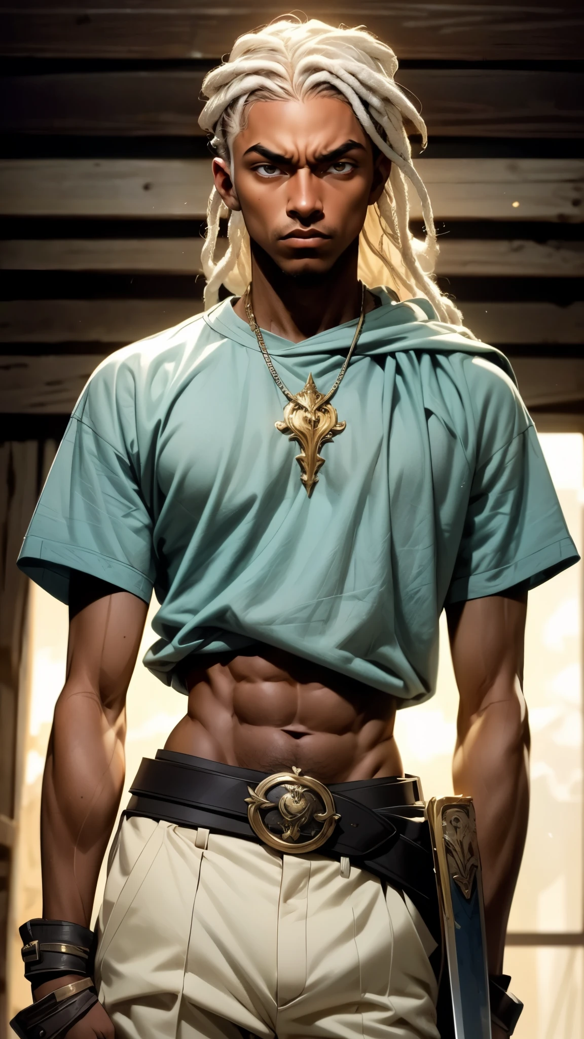 A young man with long white dreadlocks, dark skin, a melancholic expression, drooping eyelids and eyebrows, a lean face, a thin yet sturdy build, a tattered and ill-fitting light blue fantasy-style adventurer's shirt with short sleeves, revealing his abs, a silver breastplate on his left chest, a large sword is strapped to his back, a yellow belt, white coarse cloth trousers, stands nervously in a fantasy-style western town, this character embodies a finely crafted fantasy-style adventurer in anime style, exquisite and mature manga art style, dramatic, high definition, best quality, highres, ultra-detailed, ultra-fine painting, extremely delicate, professional, perfect body proportions, golden ratio, anatomically correct, symmetrical face, extremely detailed eyes and face, high quality eyes, creativity, RAW photo, UHD, 32k, Natural light, cinematic lighting, masterpiece--perfect, masterpiece:1.5