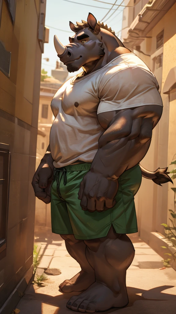 Big Rhinoceros Bara furry anthropomorphic muscular in white t-shirt green shorts 4k image 8k image resolution