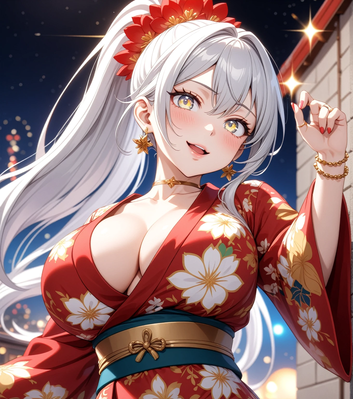 ((One personの女性)), Beautiful Face,Laughing embarrassedly,((Wink:1.9)),Laugh with your mouth wide open((Bright red cheeks:1.4)),Shiny red lips,night,rooftop,Festive decorations,You can see the ocean, firework,Laughing with your mouth open,Glossy pink lips,Facial lighting,((Anime style background)),masterpiece, Highest quality, so beautiful,up to date, Complex details, (Pink long nails),(ring),(bracelet),(choker),AI-generated, Complex,High resolution, Highest quality, super high quality,3D Images、3D Images,One person,Long white hair,High Ponytail,(White eyes),Anime woman posing for a photo, ((Fine grain、Silvery white colorful eyes、Shining Eyes:1.4)),(Squint your eyes:1.1),a hyperRealistic , hyperRealistic , Realistic,Anime woman with long white hair, Smooth anime CG art, A woman in a colorful kimono with gold embroidery, (Black long sleeve kimono),Red floral pattern,Long flower hair ornament,big floral earrings,Mature Body,(Big Breasts:1.1),expensive,Abdominal muscles,Tight waist,(Zoom up to face:1.7),Shooting from diagonally below