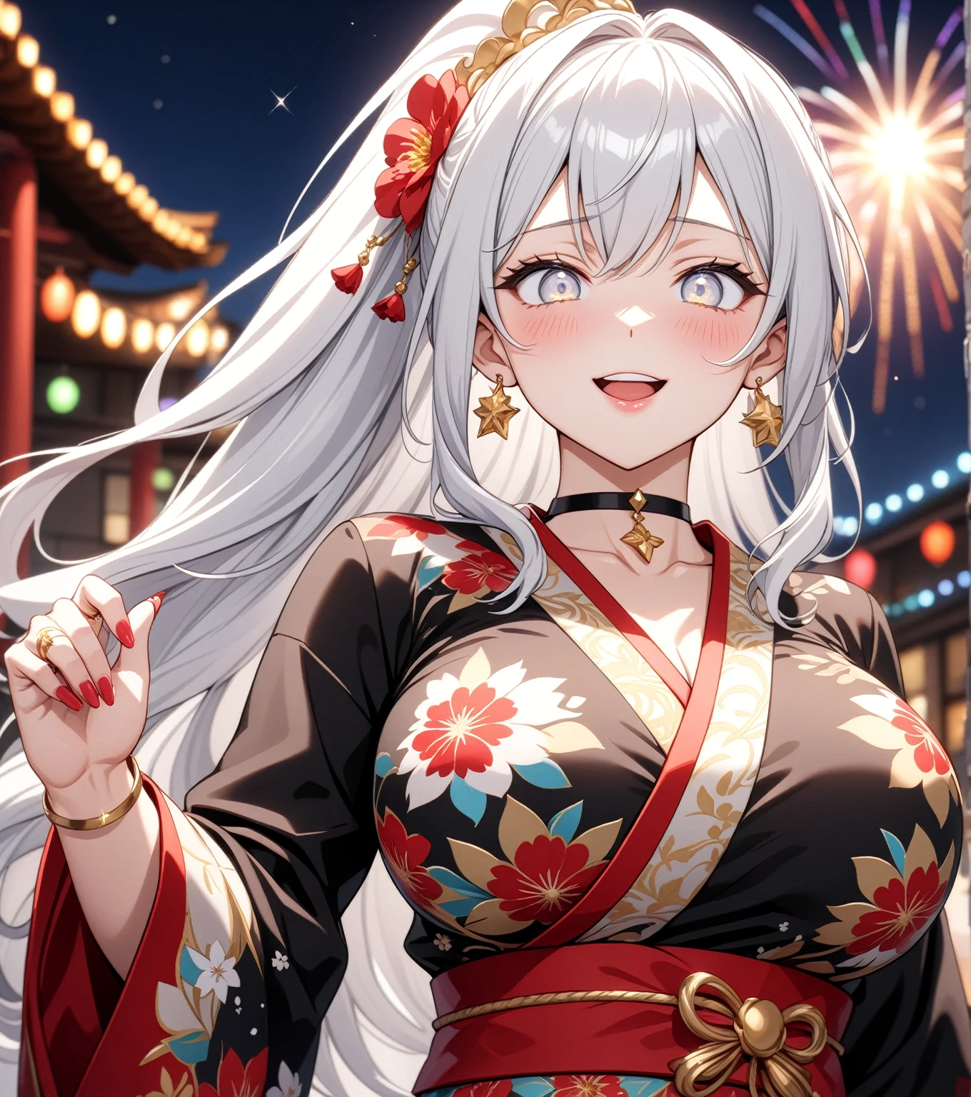 ((One personの女性)), Beautiful Face,Laughing embarrassedly,((Wink:1.9)),Laugh with your mouth wide open((Bright red cheeks:1.4)),Shiny red lips,night,rooftop,Festive decorations,You can see the ocean, firework,Laughing with your mouth open,Glossy pink lips,Facial lighting,((Anime style background)),masterpiece, Highest quality, so beautiful,up to date, Complex details, (Pink long nails),(ring),(bracelet),(choker),AI-generated, Complex,High resolution, Highest quality, super high quality,3D Images、3D Images,One person,Long white hair,High Ponytail,(White eyes),Anime woman posing for a photo, ((Fine grain、Silvery white colorful eyes、Shining Eyes:1.4)),(Squint your eyes:1.1),a hyperRealistic , hyperRealistic , Realistic,Anime woman with long white hair, Smooth anime CG art, A woman in a colorful kimono with gold embroidery, (Black long sleeve kimono),Red floral pattern,Long flower hair ornament,big floral earrings,Mature Body,(Big Breasts:1.1),expensive,Abdominal muscles,Tight waist,(Zoom up to face:1.7),Shooting from diagonally below
