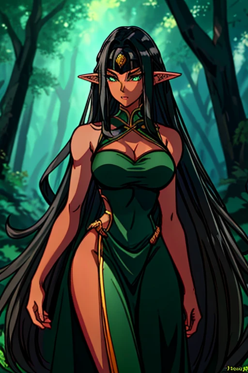 1girl,elf ears,long black wavy hair,long eyelashes,anime art style,((lineart)),muscular,((dark-skinned female)),looking at viewer,forest,nature,broad shoulders,shiny skin,V-shaped eyebrows,green eyes,big breasts,long wavy black hair with bangs,female warrior,She wears a sleeveless white dress with a great neckline,long midface,fantasy,30_years_old